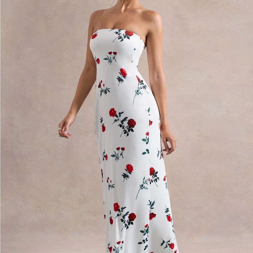 Rose print satin strapless dress
